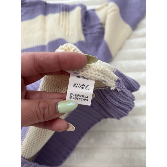 PAPER MOON Womens Purple Ivory Distressed Knit Crew neck‎ Sweater Oversized Sz S - Picture 7 of 9